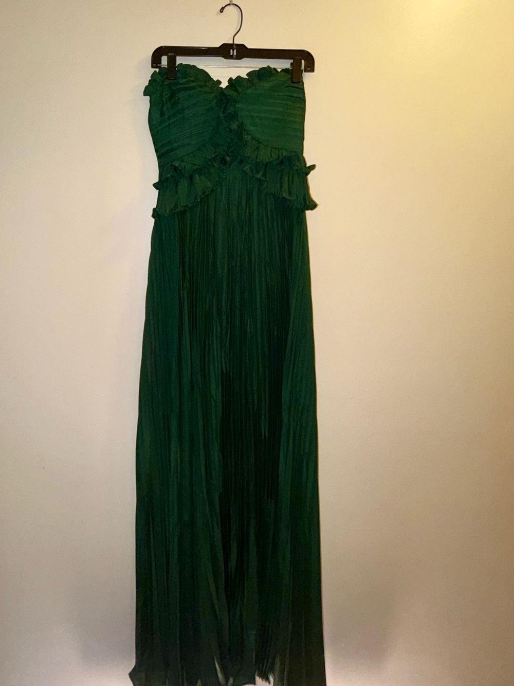 Strapless Emerald Green Pleated Maxi Dress